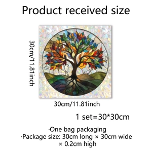 30x30cm colorful tree of life static window cling with rainbow prism texture and bird motifs