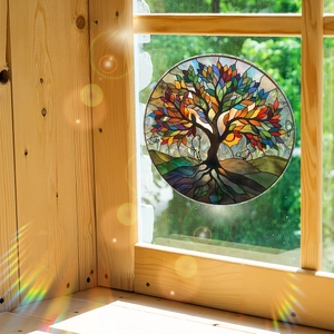 Rainbow tree of life glass static window cling with colorful sunlight refraction
