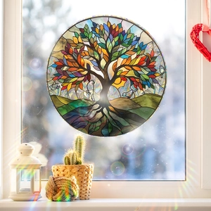 Colorful round Tree of Life window decal with stained glass style for home glass decor