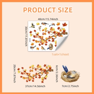 Autumn maple leaf and bird static window decals size chart for fall home decoration