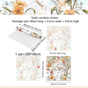 Size guide for colorful floral static window film showing roll and packaging dimensions