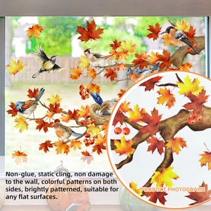 Double-sided fall window clings with autumn maple leaves and realistic bird patterns