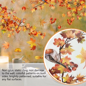 Fall window static decals with maple leaves and birds for seasonal home glass decoration