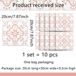 Macro view of 10-piece set pink retro floral wall stickers with 20x20cm dimensions