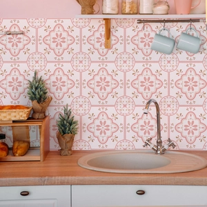 Close-up of pink vintage floral wall stickers with waterproof geometric patterns