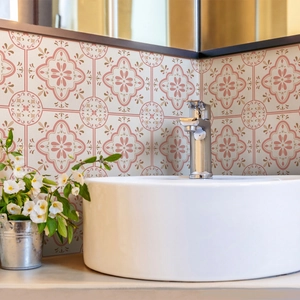 Vintage pink floral wall tiles decal for bathroom with mandala geometric patterns