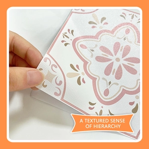 Detail of retro pink floral tile sticker with 3D embossed texture and flexible thickness