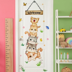 Cartoon katjes muursticker met Welcome-bord voor kinderkamer en deurdecoratie