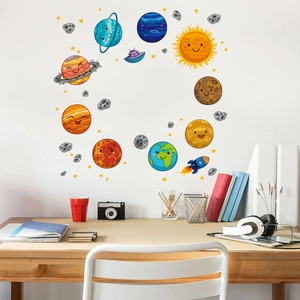 Cartoon space wall stickers set featuring cute planets and rockets for kids' room decor