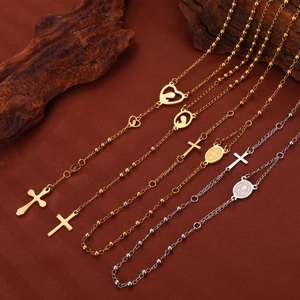Collar de Rosario Religioso de Acero de Titanio Vintage Oro Plata Cruz Medalla San Benito Colgante Corazón Cadena Mujeres