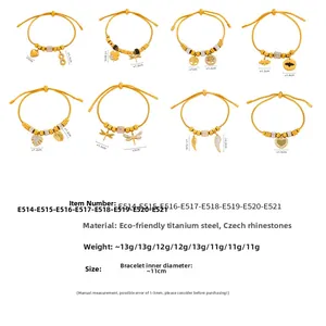 Detail showing 8 gold titanium steel bracelets with charms like tree of life and bee