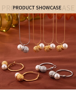 Detail of beaded pearl necklace and hammered metal ball earrings in gold and silver finish