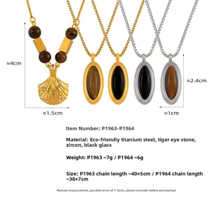 Tableau détaillé des dimensions du pendentif ovale en œil de tigre et acier titane