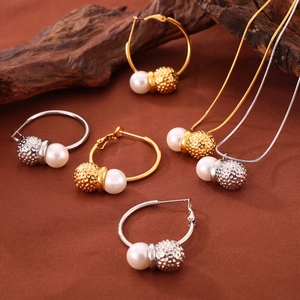 Golden and silver hammered ball pearl jewelry set with hoop earrings and thin necklaces