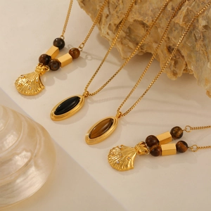 Collier Vintage en Acier Titane Plaqué Or 18K Pour Femmes Pendentif Ovale Oeil de Tigre Verre Noir Coquillage Zircone Chaîne