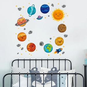Colorful cartoon space wall stickers set featuring planets and rockets for nursery decor