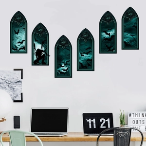 Gothic arch window wall decals with bats and silhouettes for Halloween home decor