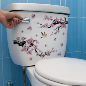 Stickers muraux autocollants fleurs de cerisier et oiseaux sur réservoir de WC