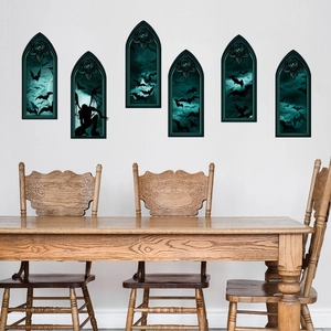 Gothic castle window wall stickers featuring bats and dark night for Halloween decor