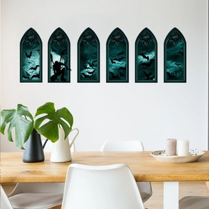 Set of 6 gothic castle window wall stickers with bats for Halloween home decoration