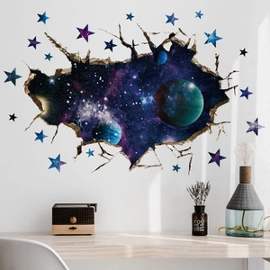Sticker mural 3D espace avec planète réaliste et étoiles pour décoration de chambre