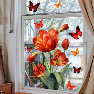 Floral tulip and butterfly static window stickers for home glass decor