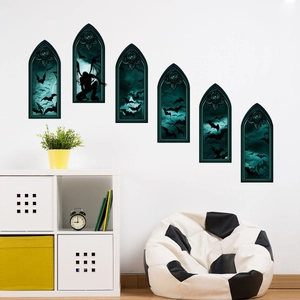 Set of 6 Gothic arched window wall decals featuring bats and spooky castle silhouettes