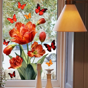 Vibrant tulip and butterfly static window clings for refreshing home glass decoration
