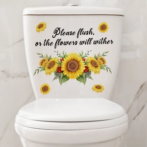 Sticker WC tournesols avec texte 'Please flush' sur réservoir blanc, décor de salle de bain