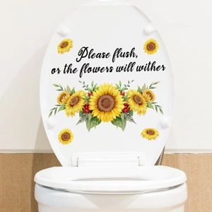 Détail de l'autocollant tournesol pour abattant WC avec texte Please flush sur blanc