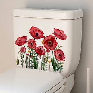 Détail d'un sticker coquelicot créatif avec œil réaliste sur réservoir de toilette blanc