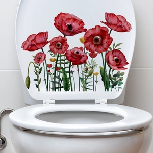 Détail d'autocollant de toilettes avec pavots rouges surréalistes et motifs d'yeux réalistes