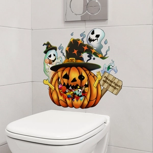 Halloween pumpkin ghost toilet sticker with wizard hat and candy on white tile wall