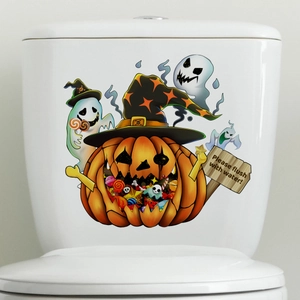 Halloween Pumpkin Ghost Toilet Sticker With Flush Sign Cartoon PVC Waterproof Bathroom Wall Decal Festive Home Decor