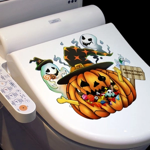Halloween pumpkin ghost toilet sticker with wizard hat and flush with water reminder