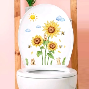 Détail de stickers autocollants pour abattant de WC avec tournesols et hamsters aquarelle