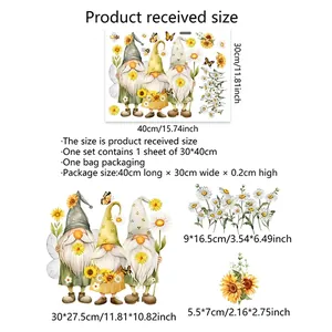 Size chart for sunflower gnome window clings featuring detailed product dimensions