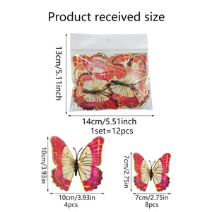 Detailed size chart for 12pcs 3D butterfly wall stickers with metric and imperial units