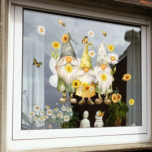 Double-sided gnomes window clings with sunflowers and bees for glass decoration
