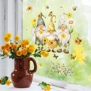 Cartoon bee gnomes with sunflower and daisy flower window clings for glass decoration