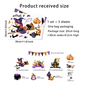 Halloween window stickers set featuring cartoon witch, pumpkin, cat and castle patterns
