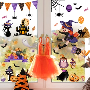 Halloween cartoon cat castle window stickers with orange tutu skirt decorative set
