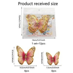 Size chart for 12pcs gold-edged 3D butterfly wall stickers with precise measurements