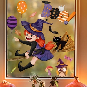 Halloween window clings set featuring witch cat owl and balloons on glass surface