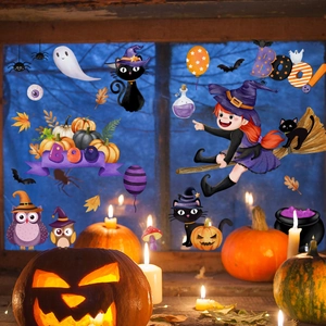 Halloween window clings featuring witches, black cats, ghosts and pumpkins on glass