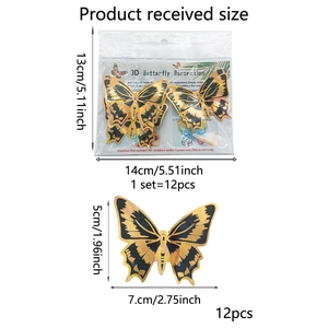 Detailed dimensions of 12pcs black gold 3D butterfly wall stickers in OPP packaging