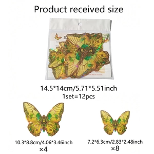 Detailed size guide of 12pcs gold 3D butterfly wall stickers with holographic texture