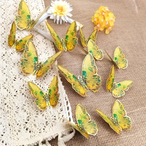Set of 12 3D gold-edged butterflies in yellow-green gradient for wall decoration