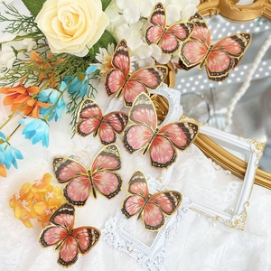 Detailed view of 3D pink gradient butterfly stickers with gold foil edges on white lace