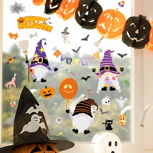 Stickers Halloween pour fenêtres avec gnomes, citrouilles et texte Happy Halloween